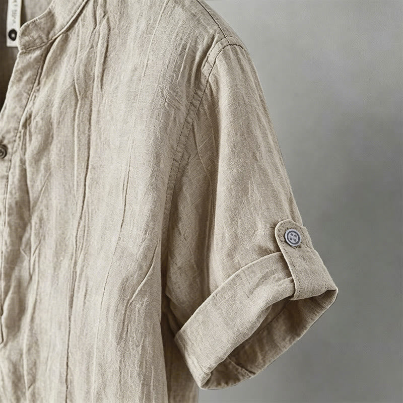 Buddha Stones Summer Half Buttons Rolled Sleeves Design Cotton Linen Men's Short Sleeve Shirt - image 11