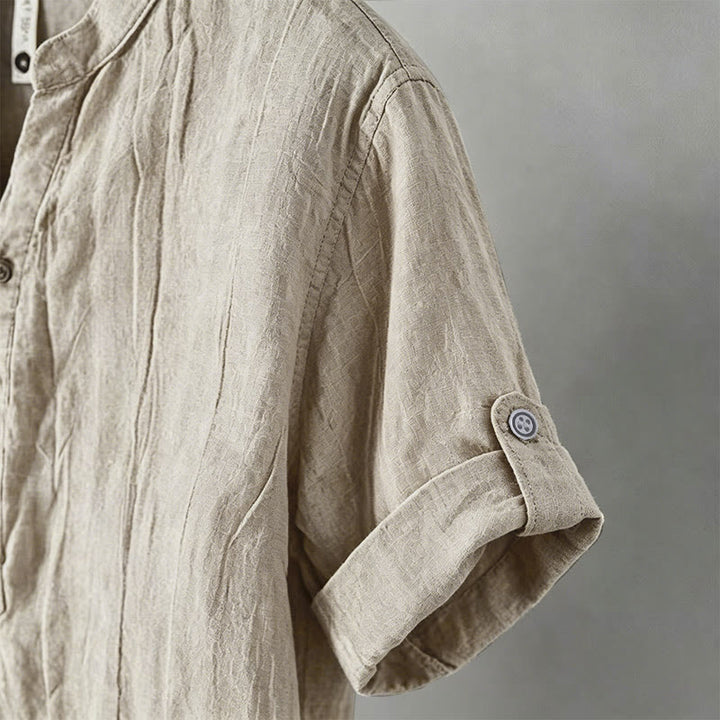 Buddha Stones Summer Half Buttons Rolled Sleeves Design Cotton Linen Men's Short Sleeve Shirt - image 11