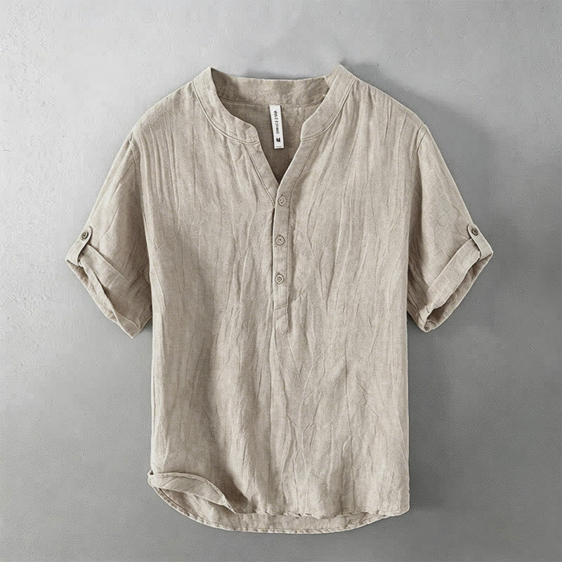 Buddha Stones Summer Half Buttons Rolled Sleeves Design Cotton Linen Men's Short Sleeve Shirt - Linen - US/UK/AU46，EU56 (3XL) - image 7