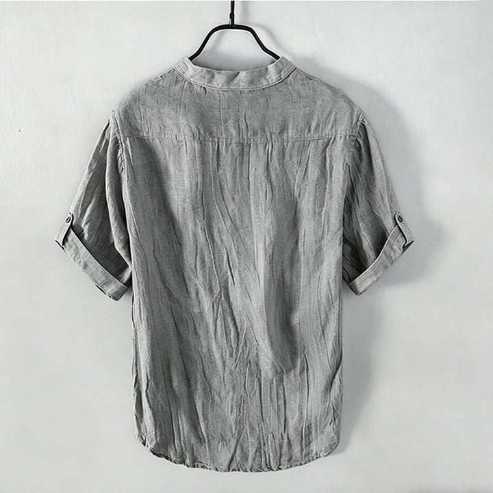Buddha Stones Summer Half Buttons Rolled Sleeves Design Cotton Linen Men's Short Sleeve Shirt - image 1
