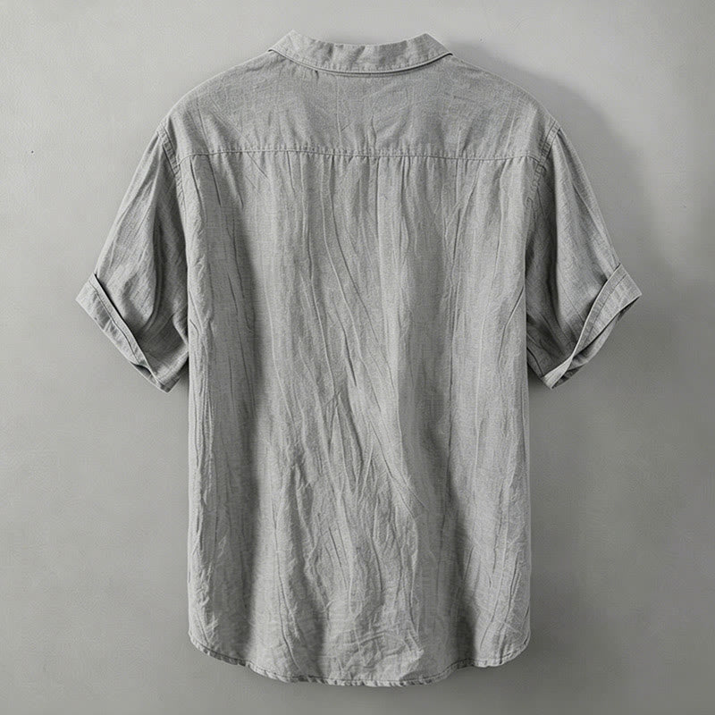 Buddha Stones Summer Half Buttons Turn-Down Collar Design Cotton Linen Men's Short Sleeve Shirt - image 1