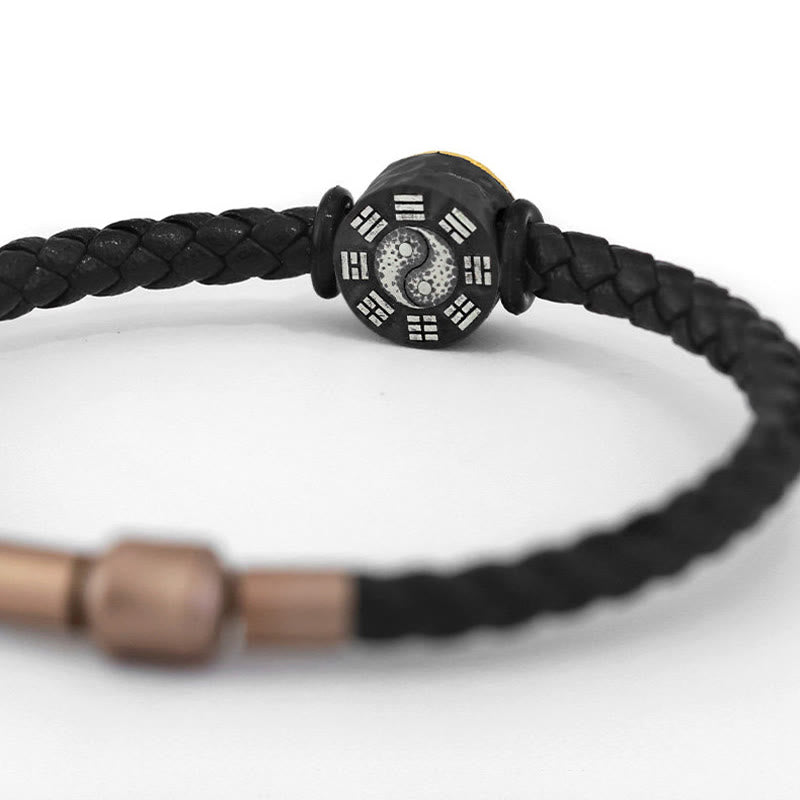Buddha Stones 925 Sterling Silver 999 Gold Yin Yang Bagua Symbol Balance Leather Bracelet - image 4