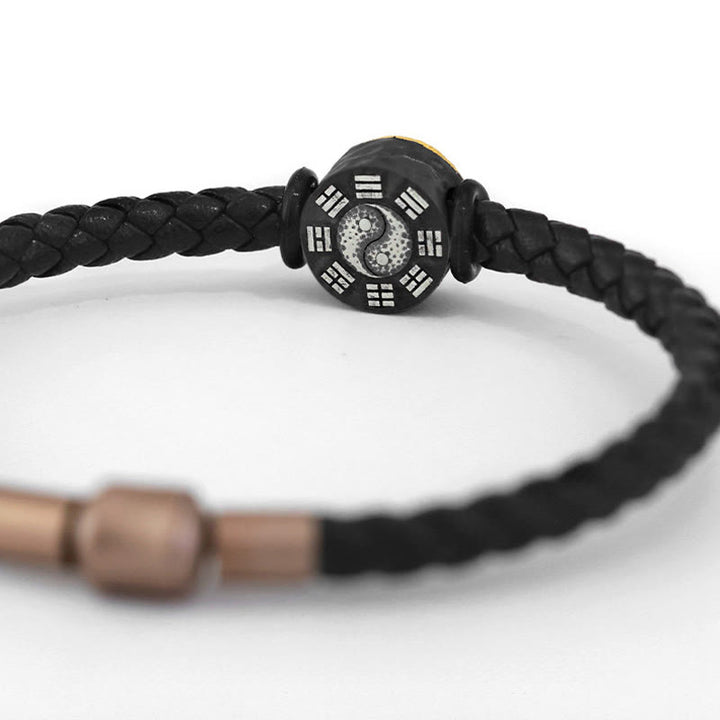 Buddha Stones 925 Sterling Silver 999 Gold Yin Yang Bagua Symbol Balance Leather Bracelet - image 4
