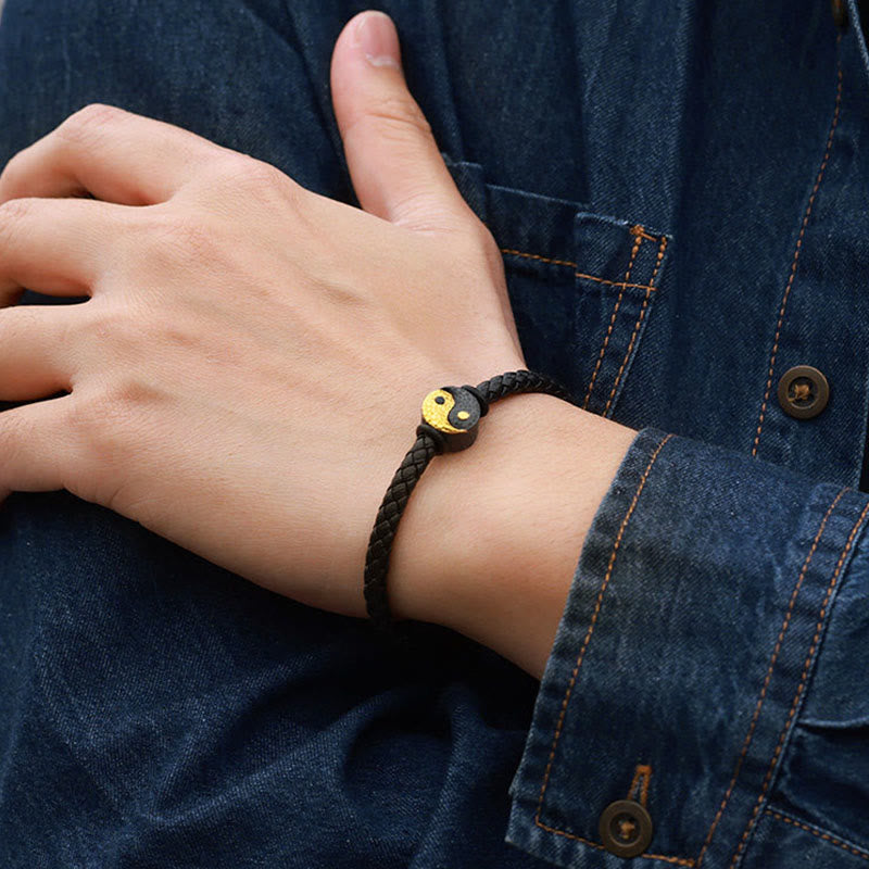 Buddha Stones 925 Sterling Silver 999 Gold Yin Yang Bagua Symbol Balance Leather Bracelet - image 11