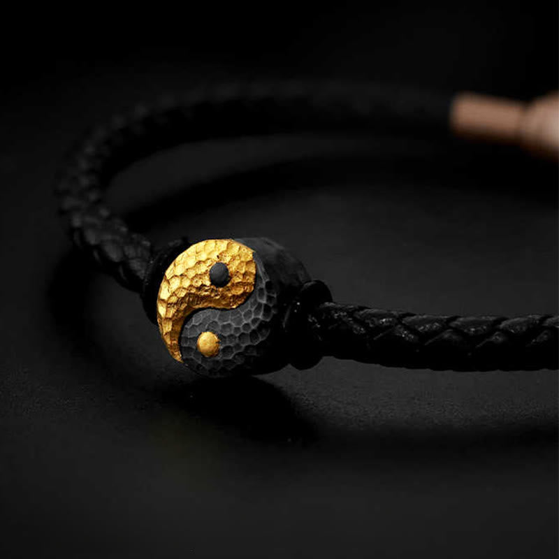 Buddha Stones 925 Sterling Silver 999 Gold Yin Yang Bagua Symbol Balance Leather Bracelet - image 1