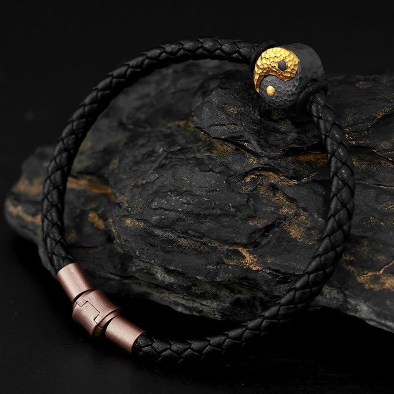 Buddha Stones 925 Sterling Silver 999 Gold Yin Yang Bagua Symbol Balance Leather Bracelet - image 2