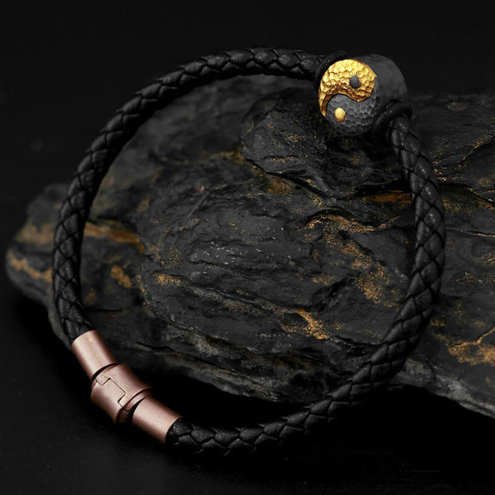 Buddha Stones 925 Sterling Silver 999 Gold Yin Yang Bagua Symbol Balance Leather Bracelet - image 2