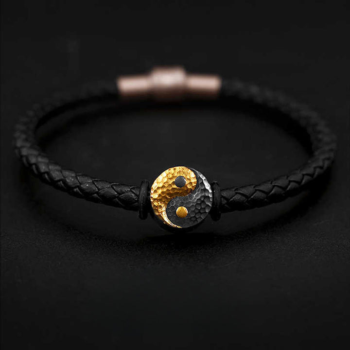 Buddha Stones 925 Sterling Silver 999 Gold Yin Yang Bagua Symbol Balance Leather Bracelet - 20cm - image 0