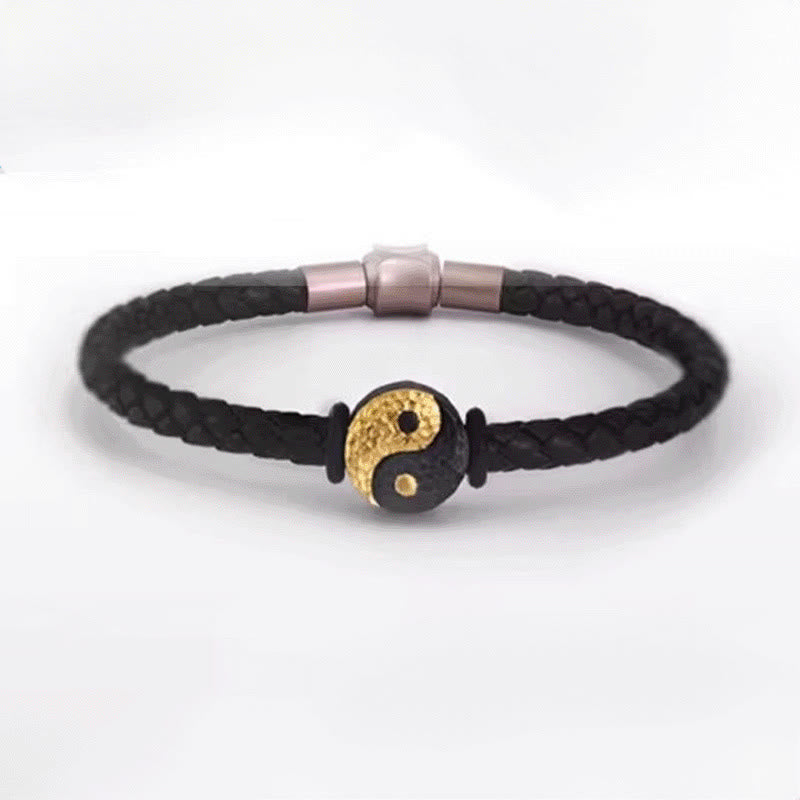 Buddha Stones 925 Sterling Silver 999 Gold Yin Yang Bagua Symbol Balance Leather Bracelet - image 12