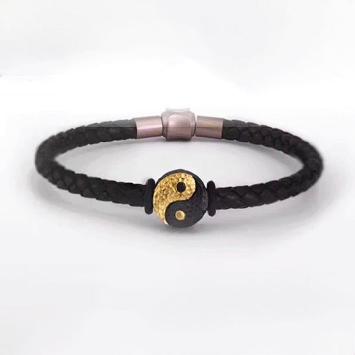 Buddha Stones 925 Sterling Silver 999 Gold Yin Yang Bagua Symbol Balance Leather Bracelet - image 12