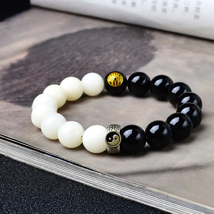 Buddha Stones Black Obsidian Bodhi Seed Yin Yang Nine-Character Mantra Mountain Ghosts Spend Money Strength Bracelet - Black Obsidian Bodhi Seed - 12mm(Wrist Circumference: 17-18cm) - image 0