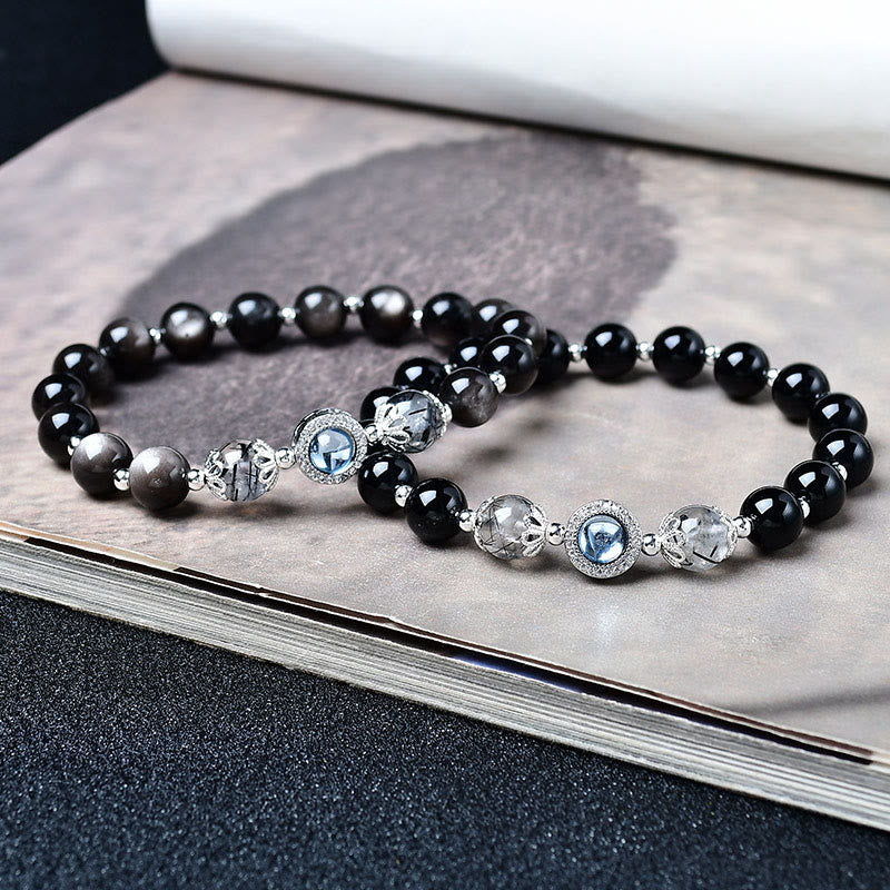 Buddha Stones Black Obsidian Silver Sheen Obsidian Zircon Purification Bracelet - image 6