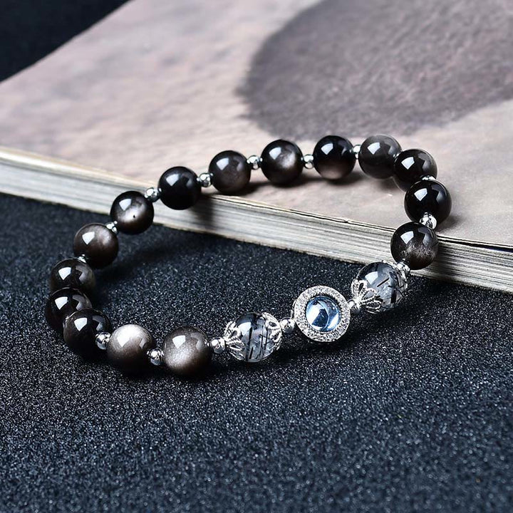 Buddha Stones Black Obsidian Silver Sheen Obsidian Zircon Purification Bracelet - Silver Sheen Obsidian - 8mm(Wrist Circumference: 15-16cm) - image 4
