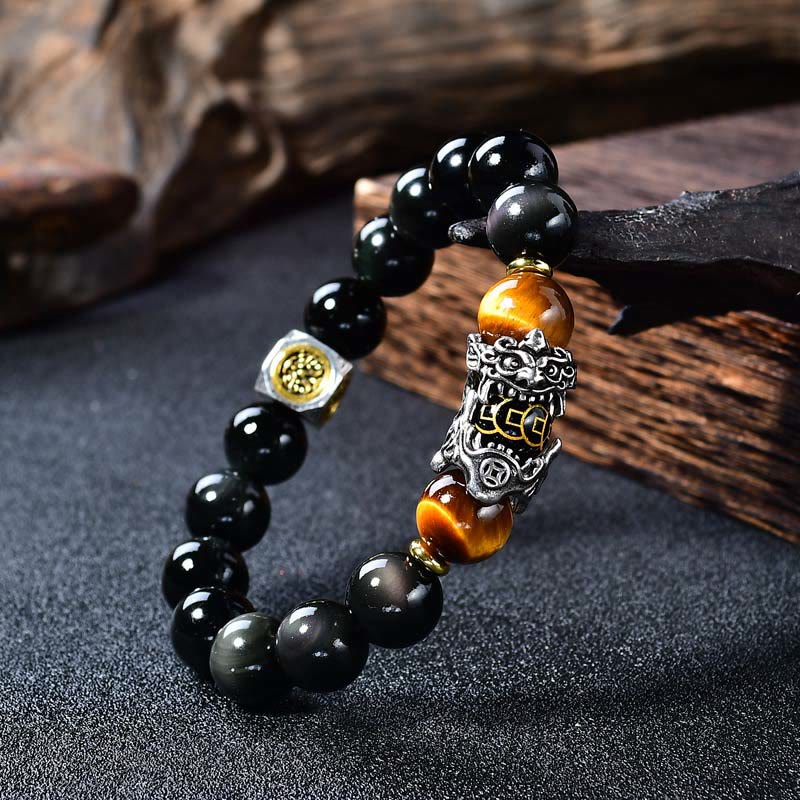 Buddha Stones Natural Black Obsidian PiXiu Tiger's Eye Transformation Bracelet - 14mm(Wrist Circumference: 18-19cm) - image 0