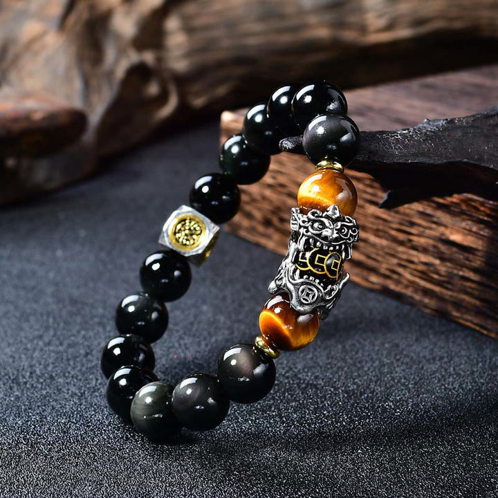 Buddha Stones Natural Black Obsidian PiXiu Tiger's Eye Transformation Bracelet - 14mm(Wrist Circumference: 18-19cm) - image 0