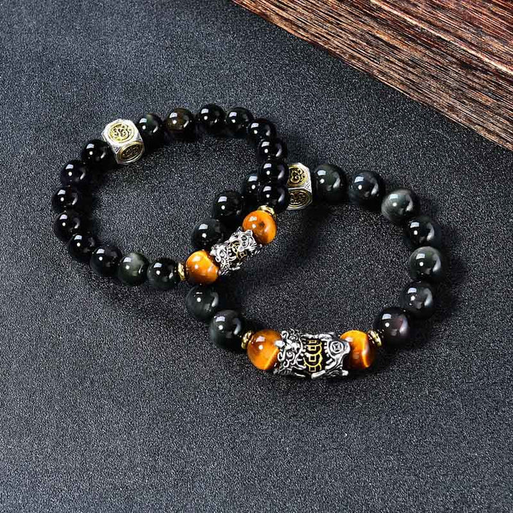 Buddha Stones Natural Black Obsidian PiXiu Tiger's Eye Transformation Bracelet - image 2