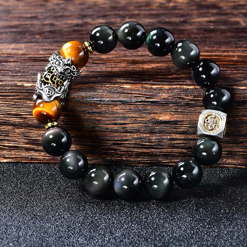 Buddha Stones Natural Black Obsidian PiXiu Tiger's Eye Transformation Bracelet - image 1