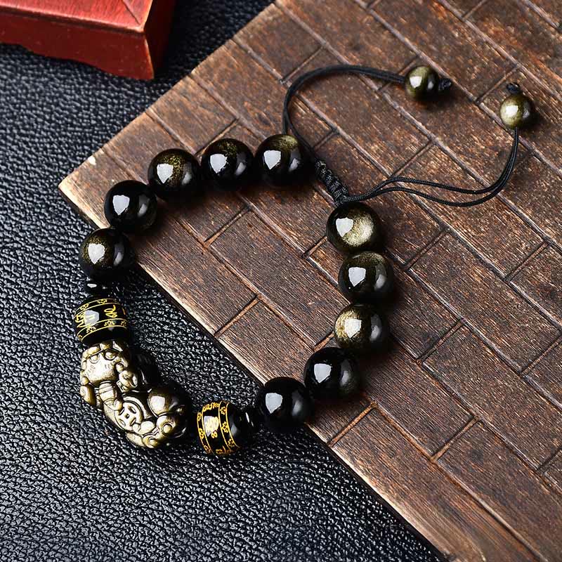 Buddha Stones Natural Gold Sheen Obsidian PiXiu Om Mani Padme Hum Protection Rope Bracelet - 14mm(Wrist Circumference: 18-19cm) - image 10