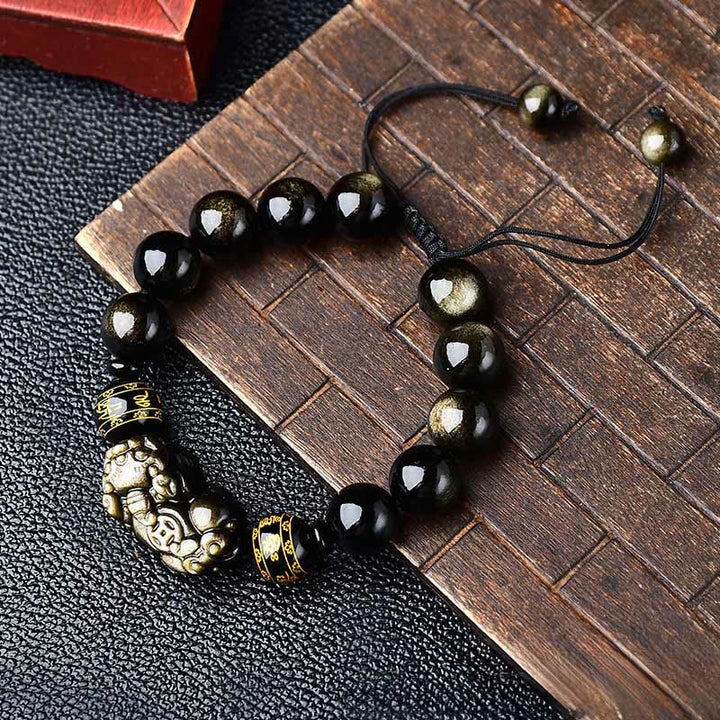 Buddha Stones Natural Gold Sheen Obsidian PiXiu Om Mani Padme Hum Protection Rope Bracelet - 14mm(Wrist Circumference: 18-19cm) - image 10