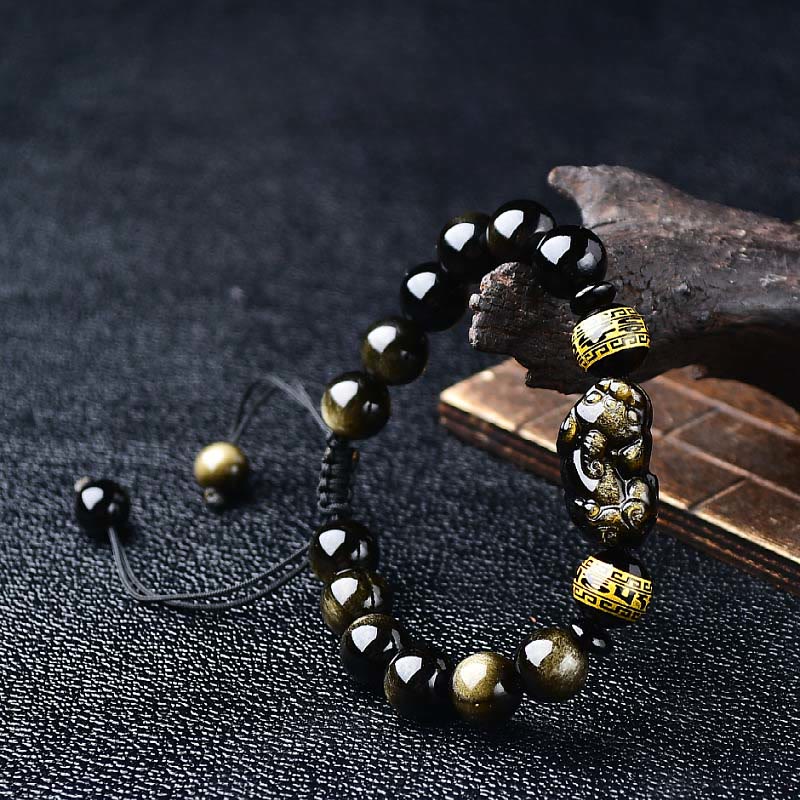 Buddha Stones Natural Gold Sheen Obsidian PiXiu Om Mani Padme Hum Protection Rope Bracelet - 10mm(Wrist Circumference: 16-17cm) - image 0