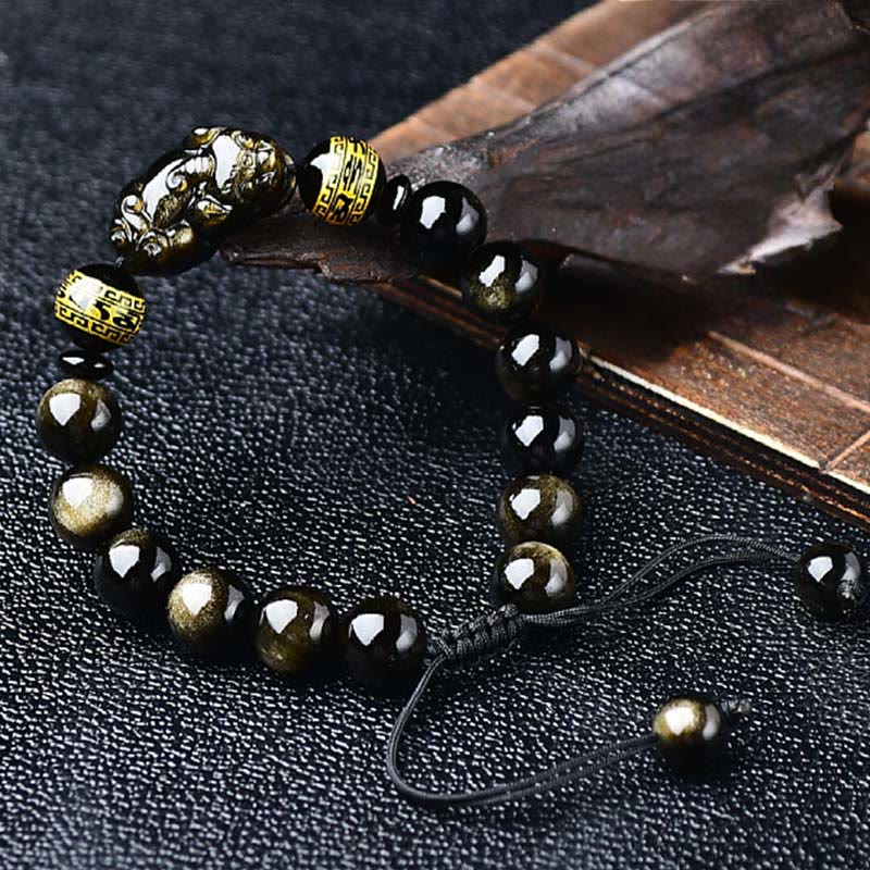 Buddha Stones Natural Gold Sheen Obsidian PiXiu Om Mani Padme Hum Protection Rope Bracelet - image 3