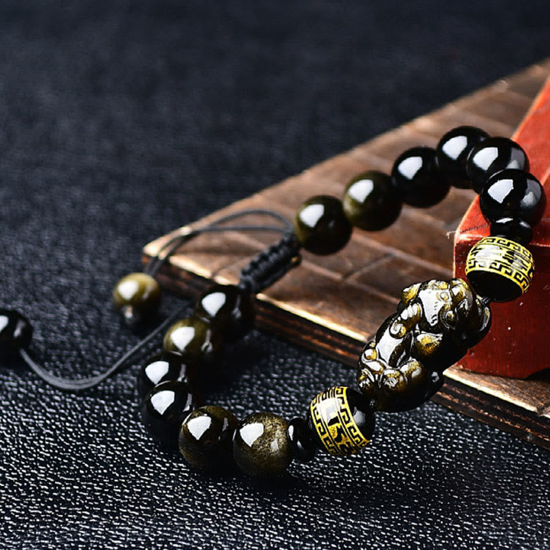 Buddha Stones Natural Gold Sheen Obsidian PiXiu Om Mani Padme Hum Protection Rope Bracelet - image 1