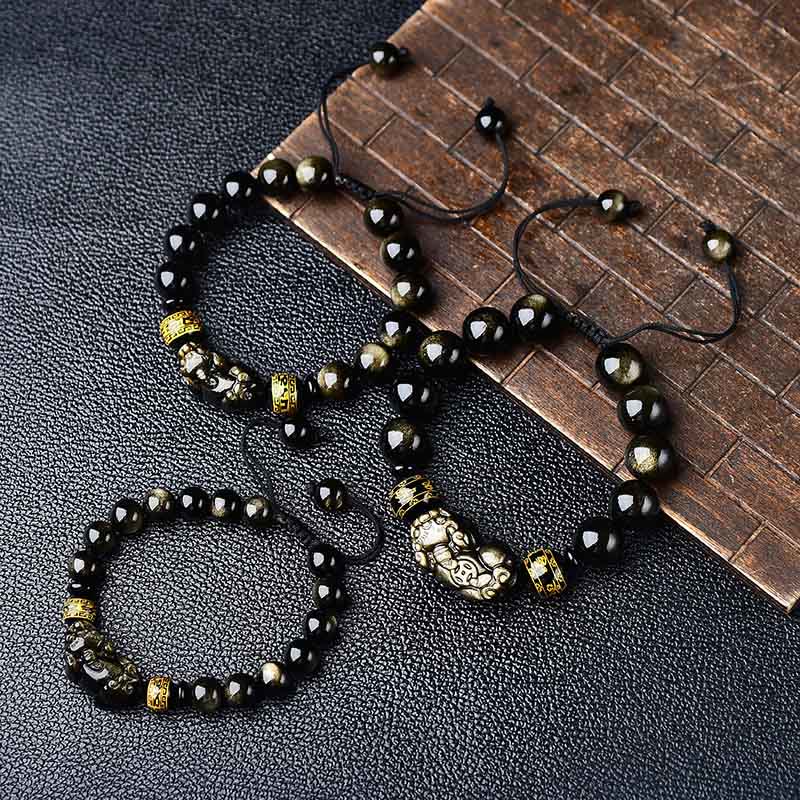 Buddha Stones Natural Gold Sheen Obsidian PiXiu Om Mani Padme Hum Protection Rope Bracelet - image 11