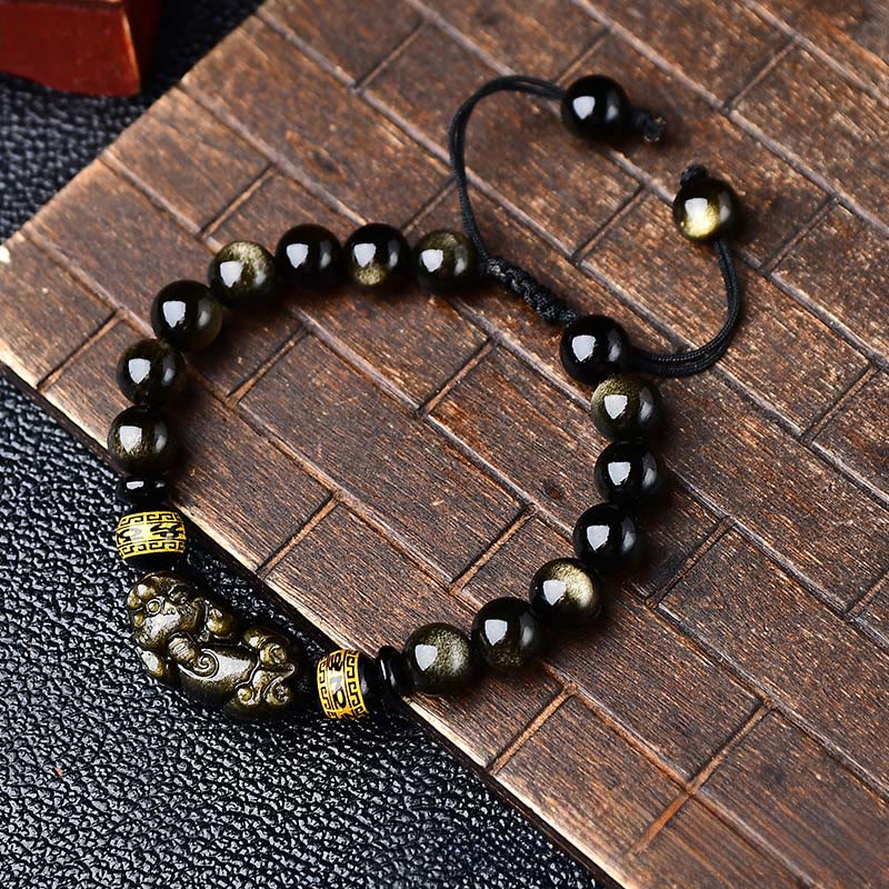 Buddha Stones Natural Gold Sheen Obsidian PiXiu Om Mani Padme Hum Protection Rope Bracelet - image 2
