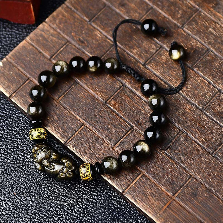 Buddha Stones Natural Gold Sheen Obsidian PiXiu Om Mani Padme Hum Protection Rope Bracelet - image 2