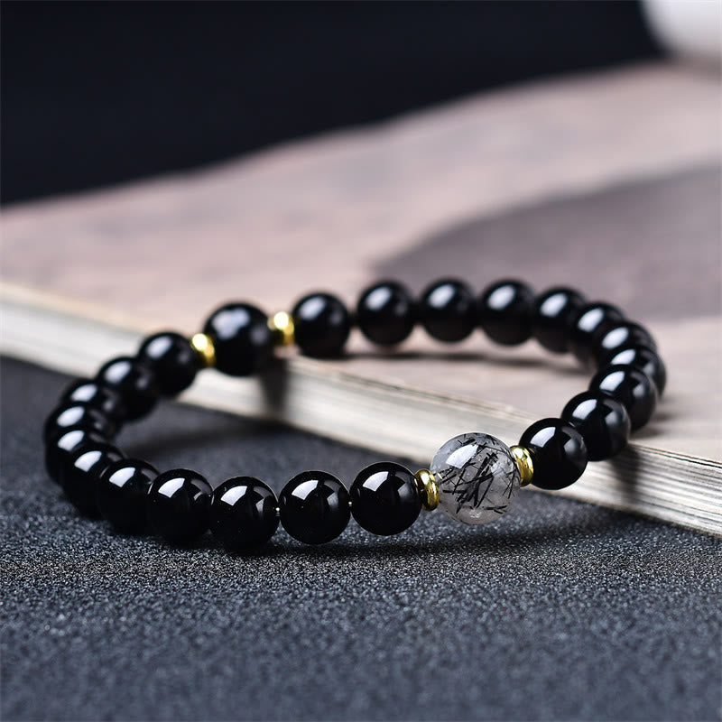 Buddha Stones Natural Black Obsidian Black Rutilated Quartz Purification Bracelet - 10mm(Wrist Circumference: 16-17cm) - image 0