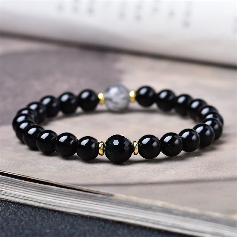 Buddha Stones Natural Black Obsidian Black Rutilated Quartz Purification Bracelet - image 4
