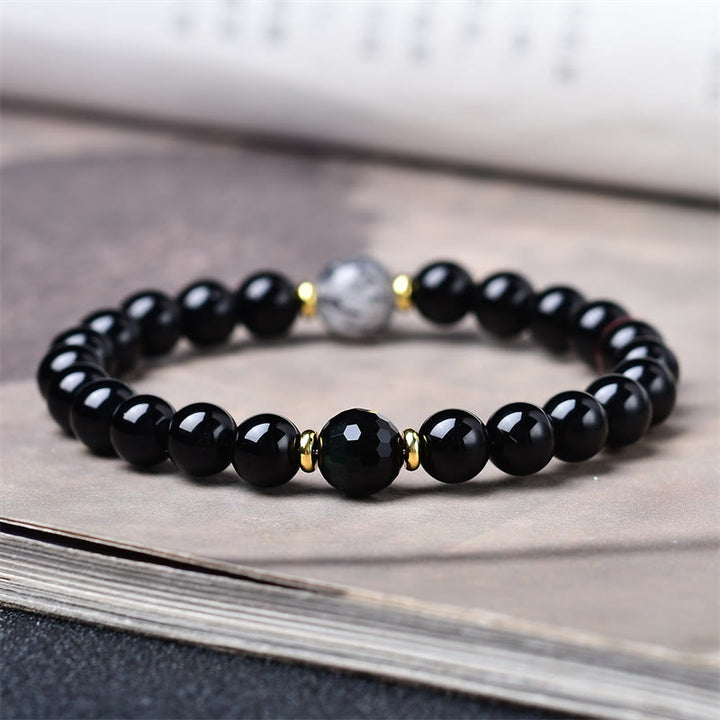 Buddha Stones Natural Black Obsidian Black Rutilated Quartz Purification Bracelet - image 4