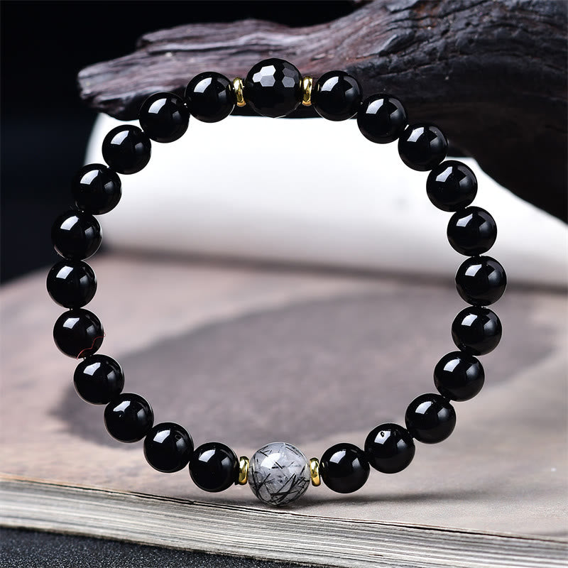 Buddha Stones Natural Black Obsidian Black Rutilated Quartz Purification Bracelet - image 2
