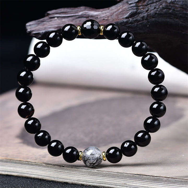 Buddha Stones Natural Black Obsidian Black Rutilated Quartz Purification Bracelet - image 2