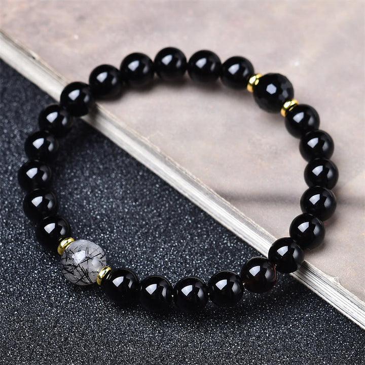 Buddha Stones Natural Black Obsidian Black Rutilated Quartz Purification Bracelet - image 1