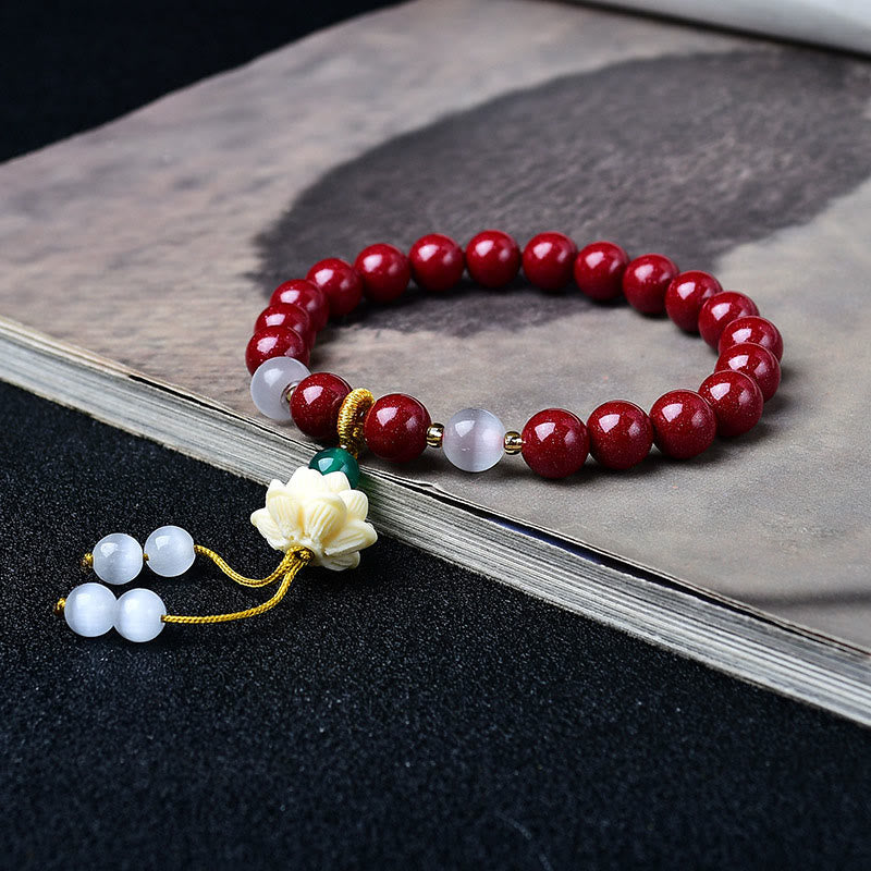 Buddha Stones Natural Cinnabar Cat's Eye Ivory Fruit Lotus Charm Blessing Bracelet - image 2