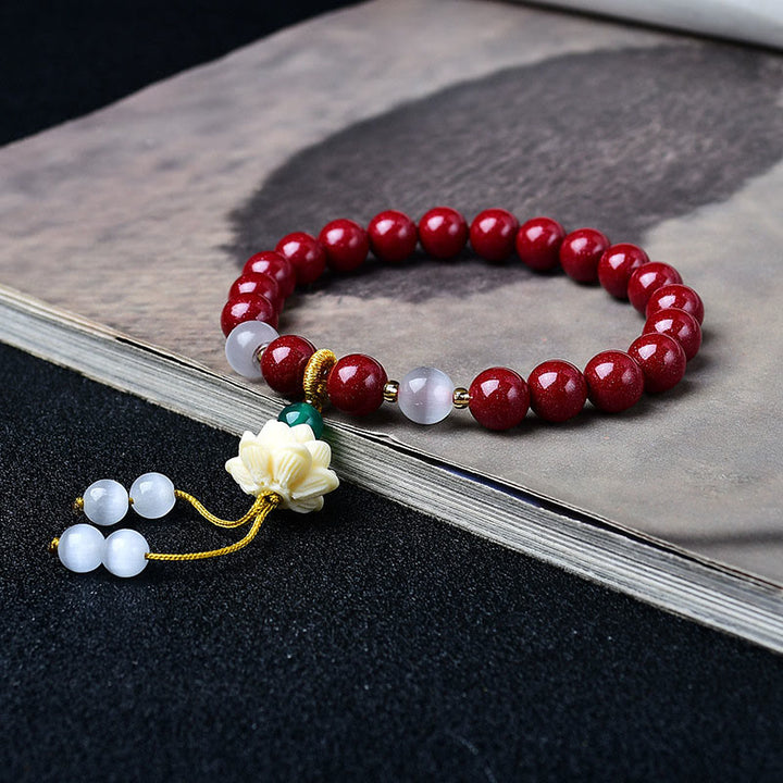 Buddha Stones Natural Cinnabar Cat's Eye Ivory Fruit Lotus Charm Blessing Bracelet - image 2