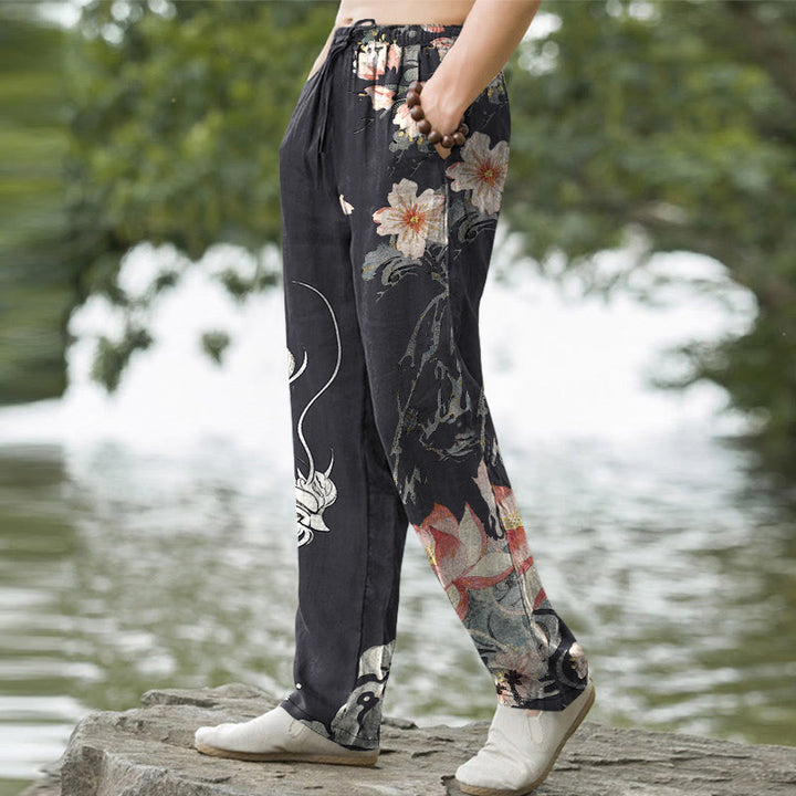 Buddha Stones Cotton Oriental Dragon Lotus Pattern Men's Tapered Pants With Pockets - image 1