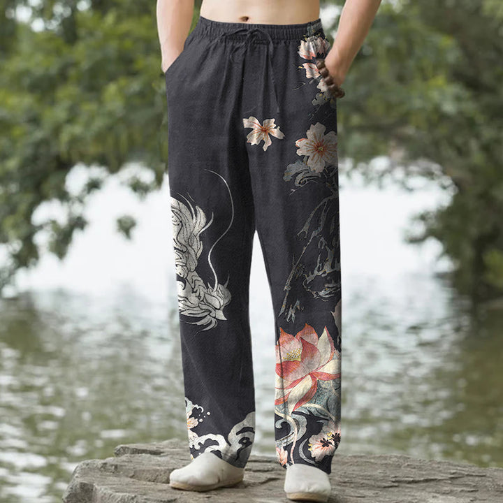 Buddha Stones Cotton Oriental Dragon Lotus Pattern Men's Tapered Pants With Pockets - Black - US/UK/AU50，EU60 (5XL) - image 0