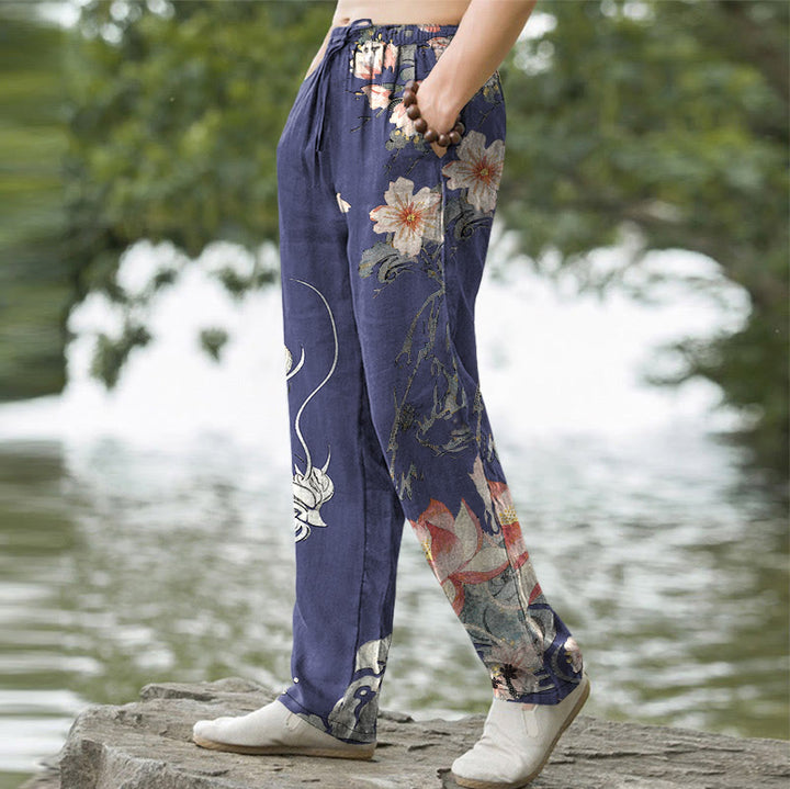 Buddha Stones Cotton Oriental Dragon Lotus Pattern Men's Tapered Pants With Pockets - image 5