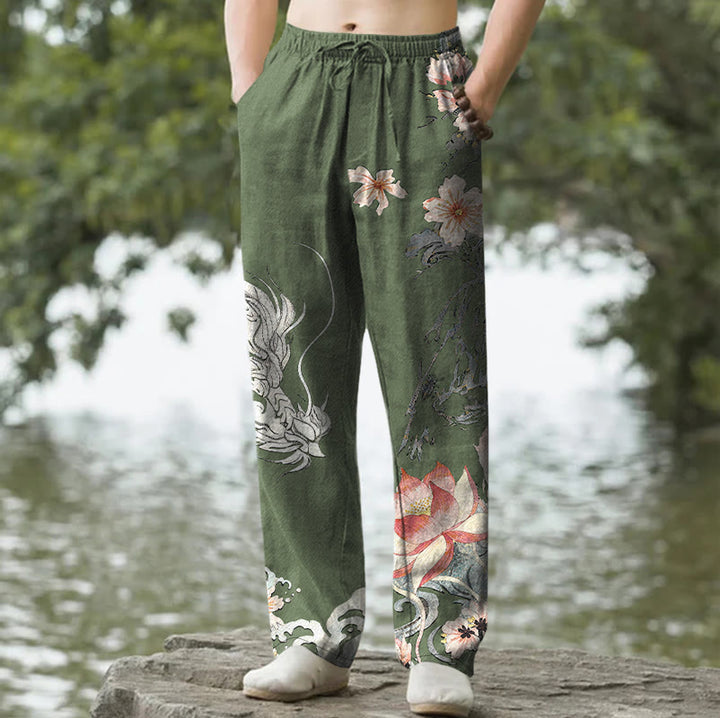 Buddha Stones Cotton Oriental Dragon Lotus Pattern Men's Tapered Pants With Pockets - DarkOliveGreen - US/UK/AU50，EU60 (5XL) - image 6