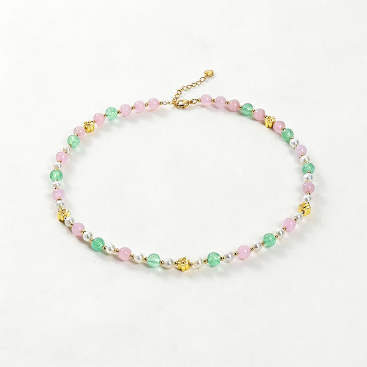 Buddha Stones Natural Rose Quartz Green Strawberry Quartz Pearl Bead Peace Necklace - Natural Rose Quartz Green Strawberry Quartz(Color May Vary) - image 0