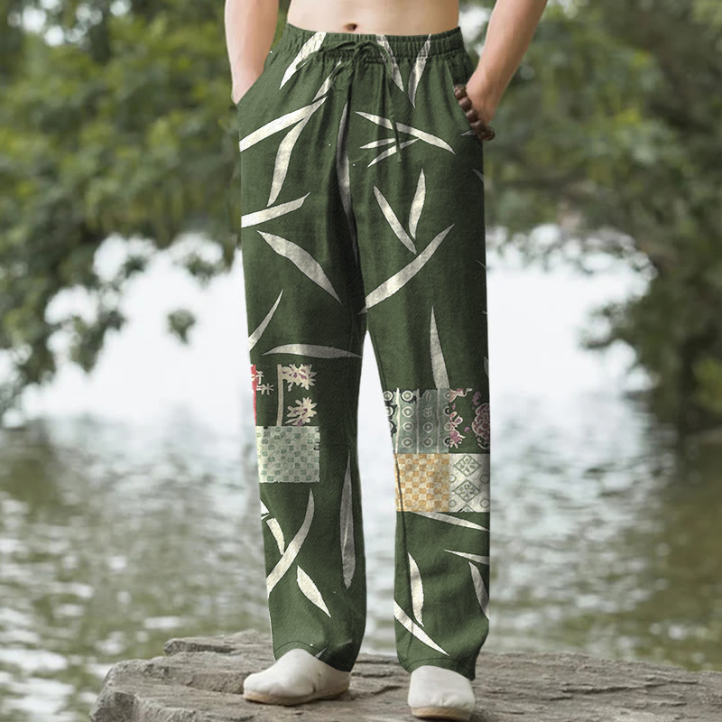 Buddha Stones Cotton Bamboo Leaf Patchwork Pattern Men's Tapered Pants With Pockets - DarkGreen - US/UK/AU50，EU60 (5XL) - image 0