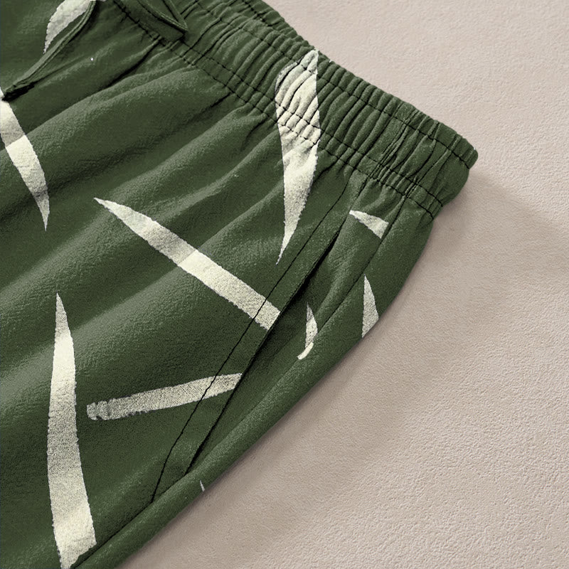 Buddha Stones Cotton Bamboo Leaf Patchwork Pattern Men's Tapered Pants With Pockets - image 2