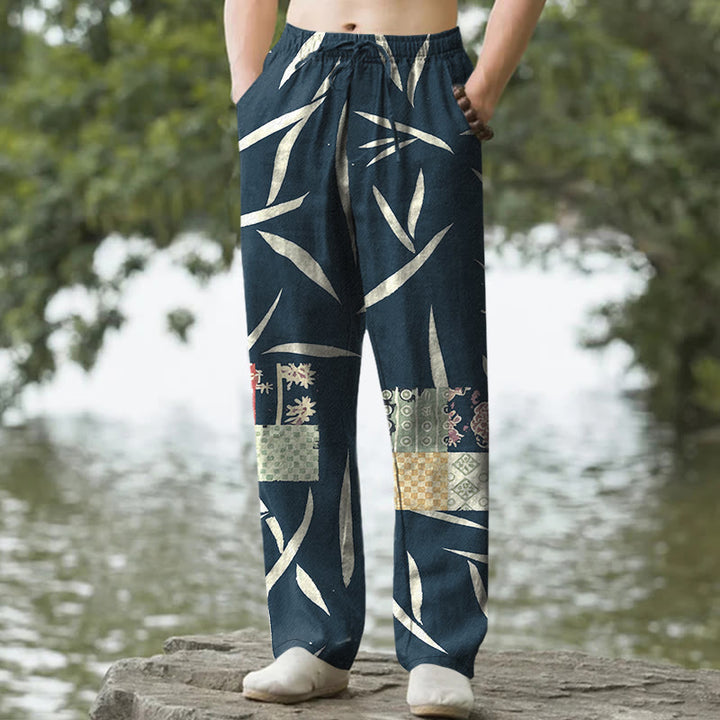 Buddha Stones Cotton Bamboo Leaf Patchwork Pattern Men's Tapered Pants With Pockets - Navy - US/UK/AU50，EU60 (5XL) - image 4