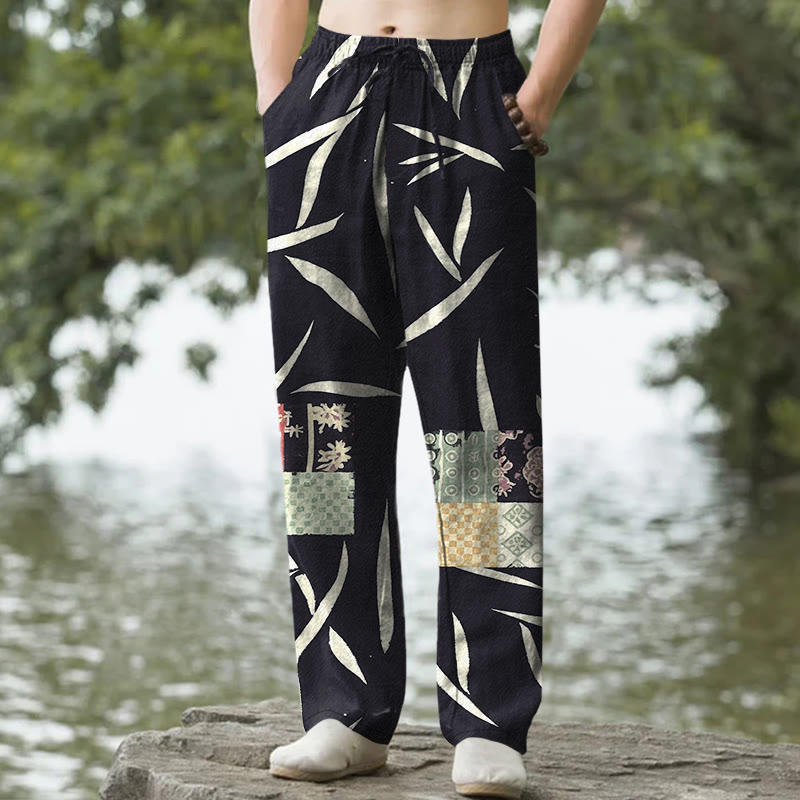 Buddha Stones Cotton Bamboo Leaf Patchwork Pattern Men's Tapered Pants With Pockets - Black - US/UK/AU50，EU60 (5XL) - image 6