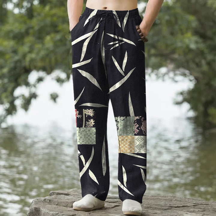 Buddha Stones Cotton Bamboo Leaf Patchwork Pattern Men's Tapered Pants With Pockets - Black - US/UK/AU50，EU60 (5XL) - image 6