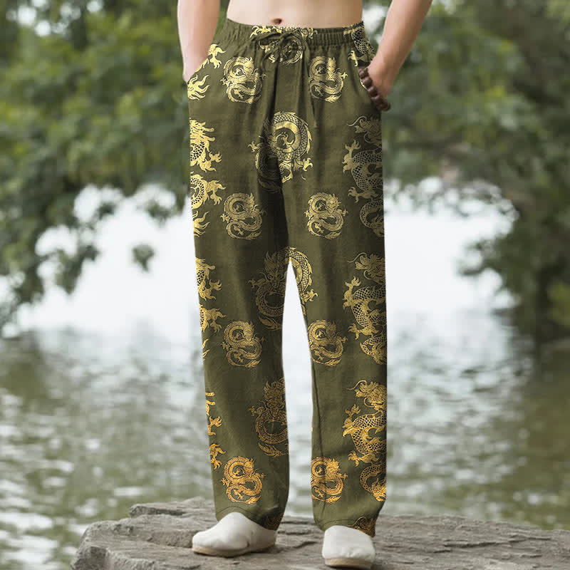 Buddha Stones Cotton Golden Dragon Pattern Men's Tapered Pants With Pockets - YellowGreen - US/UK/AU50，EU60 (5XL) - image 6