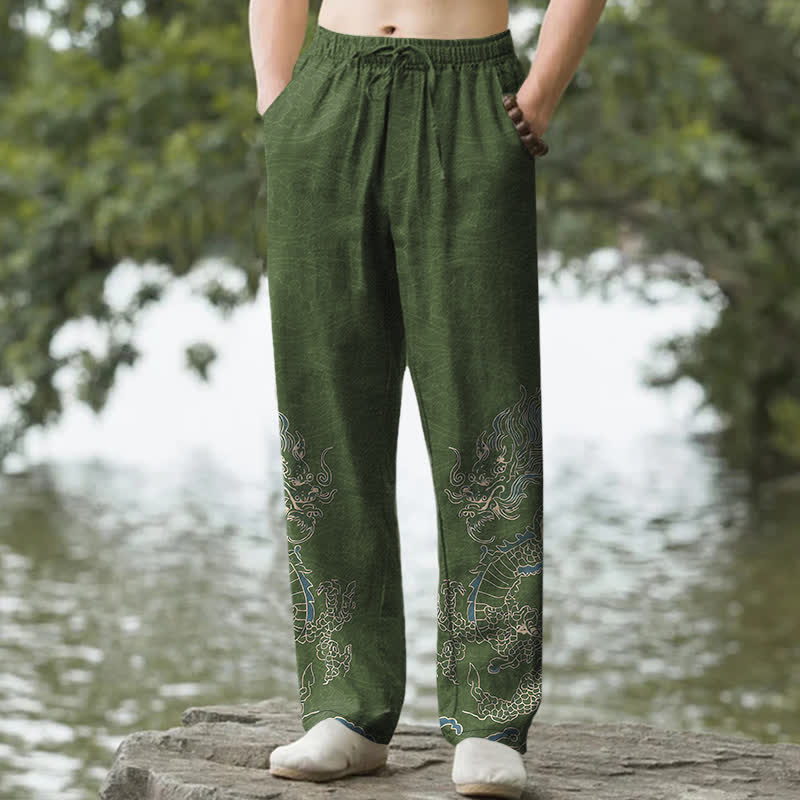 Buddha Stones Cotton Golden Dragon Clouds Pattern Men's Tapered Pants With Pockets - DarkOliveGreen - US/UK/AU50，EU60 (5XL) - image 4