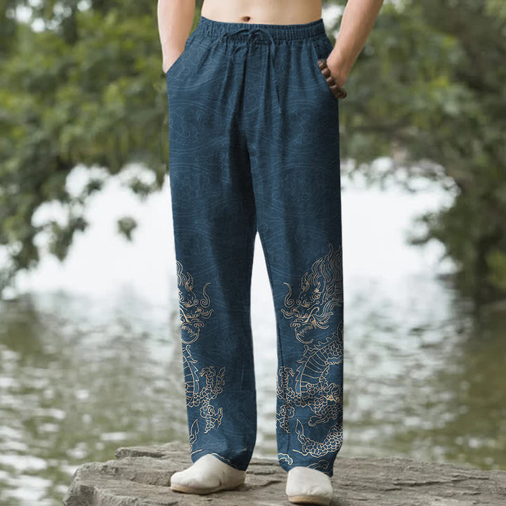Buddha Stones Cotton Golden Dragon Clouds Pattern Men's Tapered Pants With Pockets - SteelBlue - US/UK/AU50，EU60 (5XL) - image 6